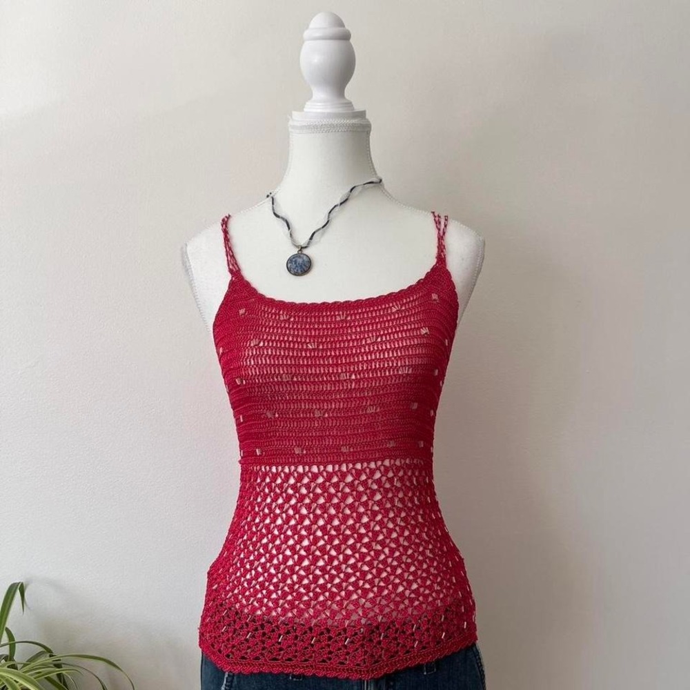 Vintage Festival Crochet Beaded Tank Top Womens Sz S Red fairycore rave